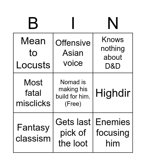 Haldir BIN Bingo Card