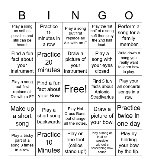 Orchestra Practice Bingo Card