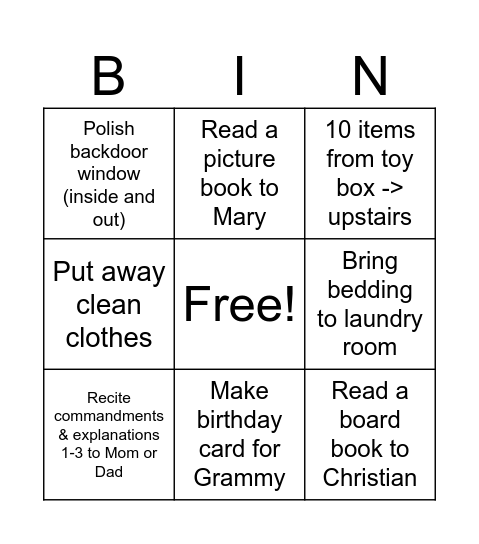 Adam Bingo Card