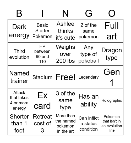 Pokemon Pulls Bingo Card