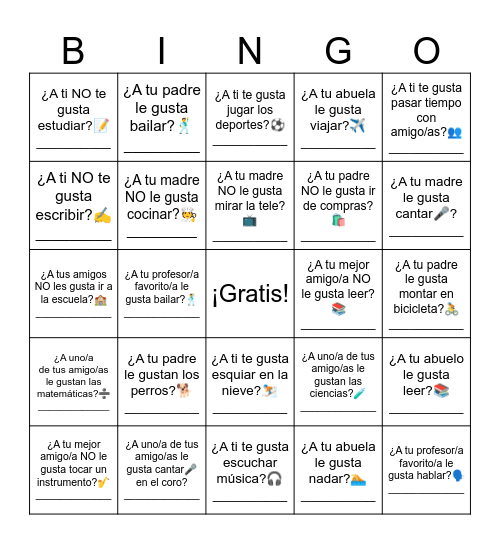 Me/Te/Le Gusta/Gustan Bingo Card