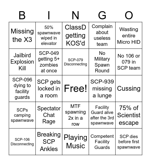 SCP SL Stuff Bingo Card