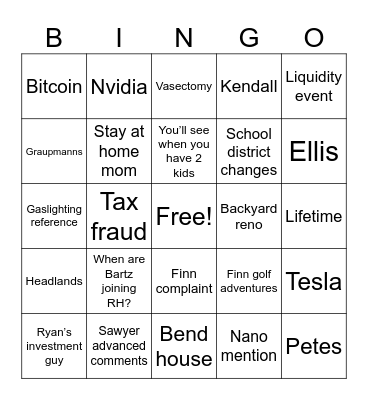 Dinner Bingo Card