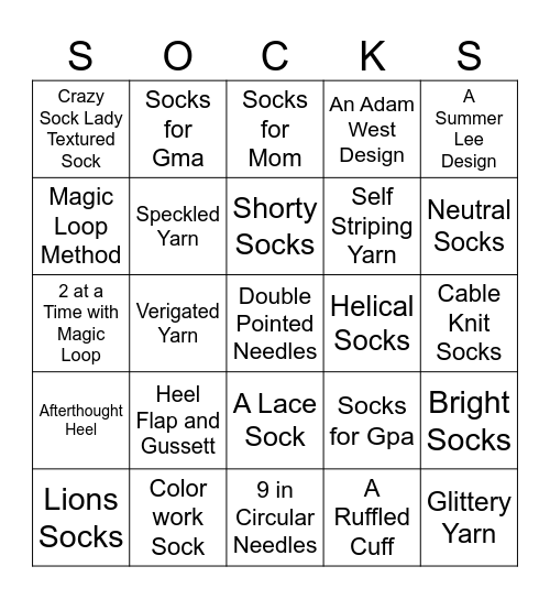 2024 Sock Bingo Card