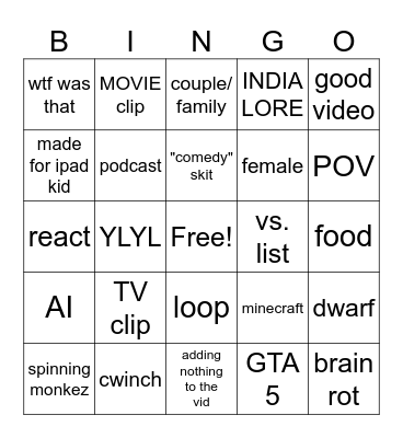 YT Shorts Bingo Card