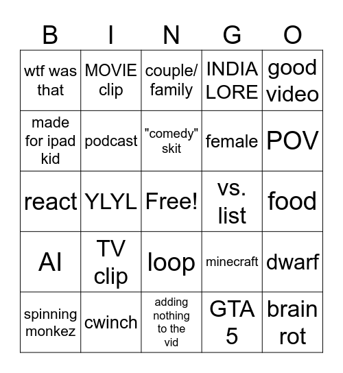 YT Shorts Bingo Card