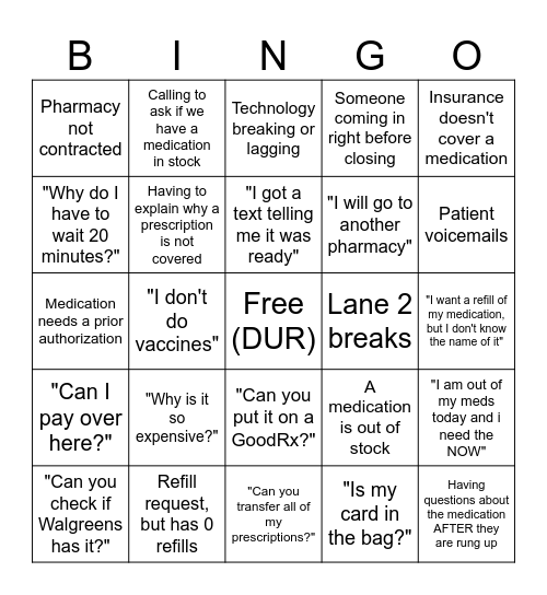 Pharmacy Bingo Card