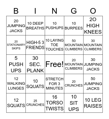 Fitness Bingo Card