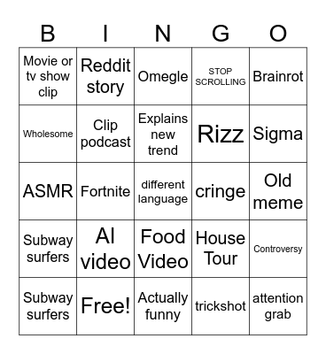 Youtube Shorts Bingo Card
