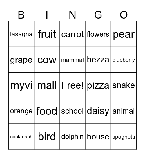 HYPONYMY Bingo Card