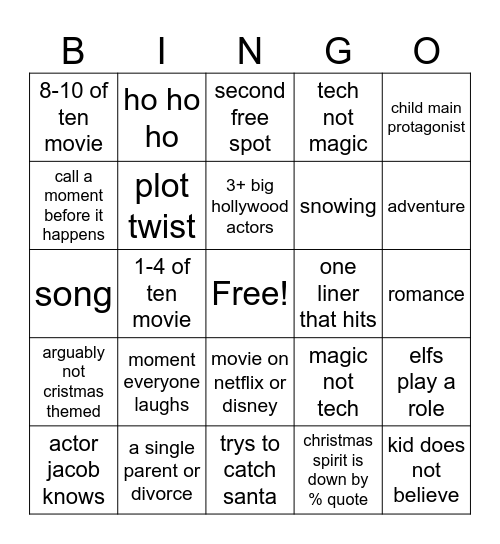 christmas movie bingo Card