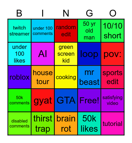 youtube shorts Bingo Card