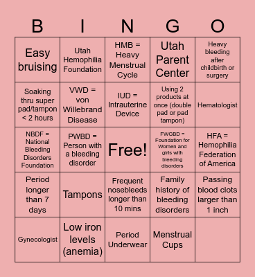 Bleeding Disorders Bingo Card