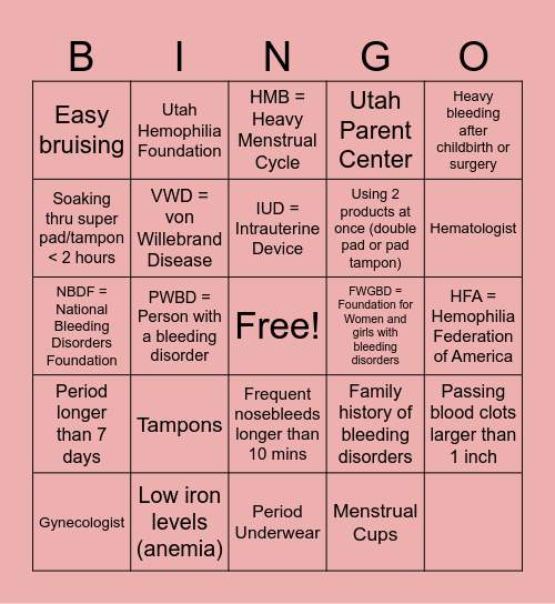 Bleeding Disorders Bingo Card
