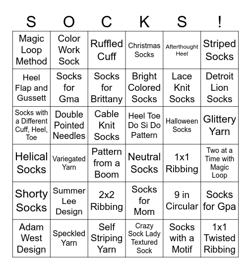 2024 Sock Bingo Card