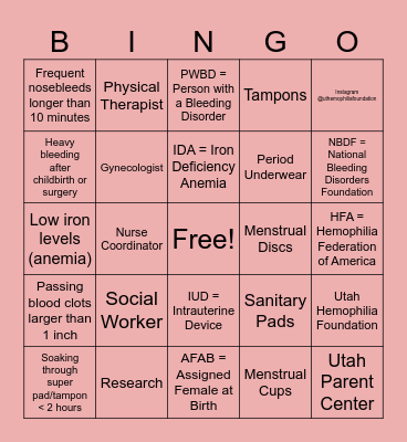 Bleeding Disorders Bingo Card