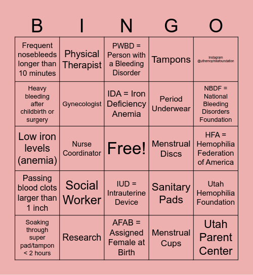 Bleeding Disorders Bingo Card