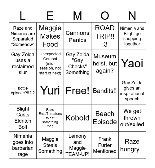 lemony dnd bingo Card