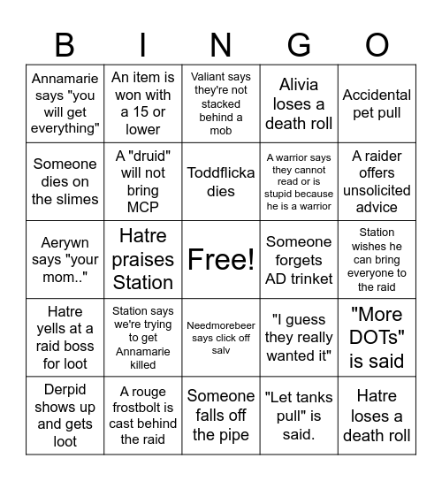 Raid Bingo Card