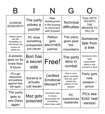 Zomogantu arc Bingo Card