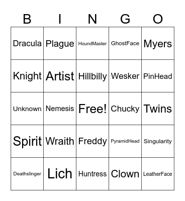DBD Killer Bingo Card