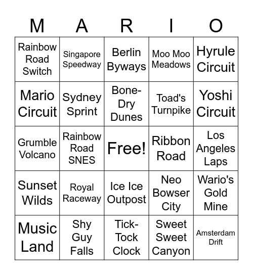 Mario Kart Course Bingo Card