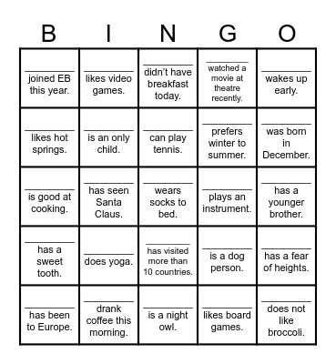 EB Christmas party Bingo Card