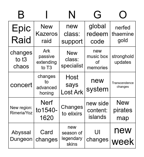 Winter LOAON Bingo Card