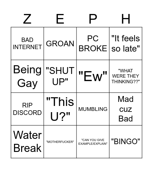 Zeph Bingo Card