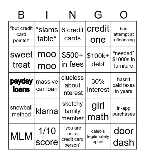 Caleb Hammer Bingo Card