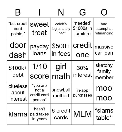 Caleb Hammer Bingo Card