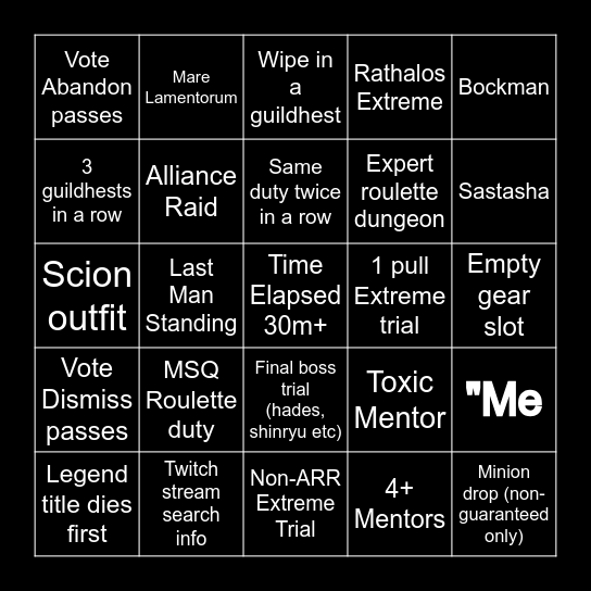 FFXIV Mentor Roulette Bingo Card