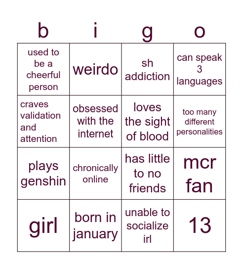 how similar are you to me?!! (not ame) Bingo Card