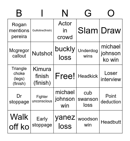 UFC official lounge  colby vs buckely bingo Card