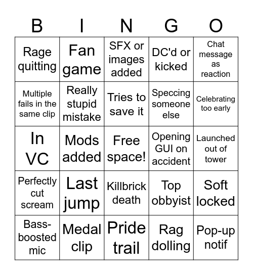 JToH Fails Series Bingo Card Bingo Card