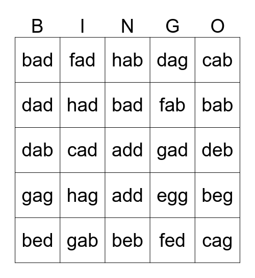Reading Letters A to H Bingo Card