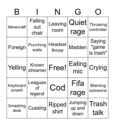 Gamer rage Bingo Card