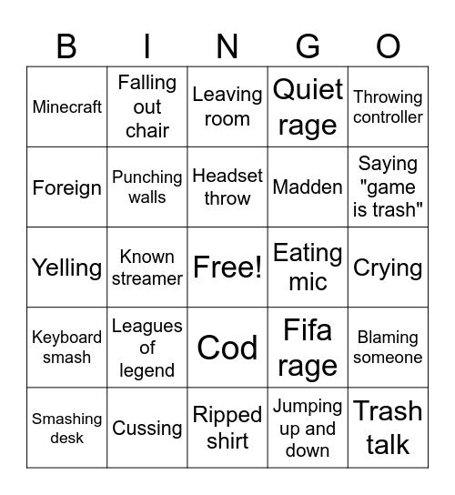 Gamer rage Bingo Card