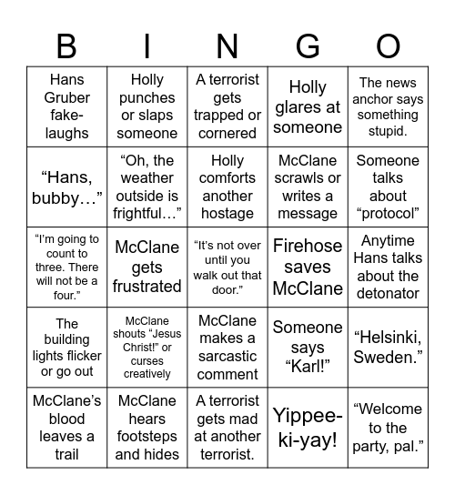 Die Hard Bingo Card