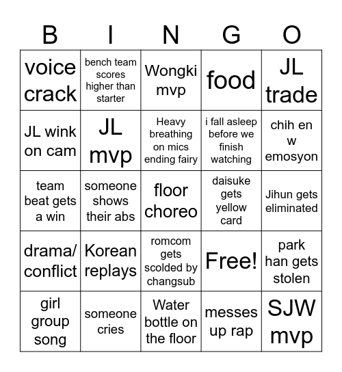 Universe League Bingo Card