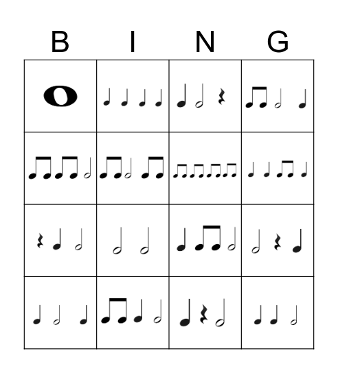 Rhythm Bingo #1  4x4 Bingo Card