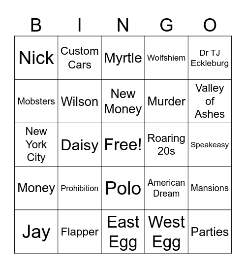 Gatsby Bingo Card