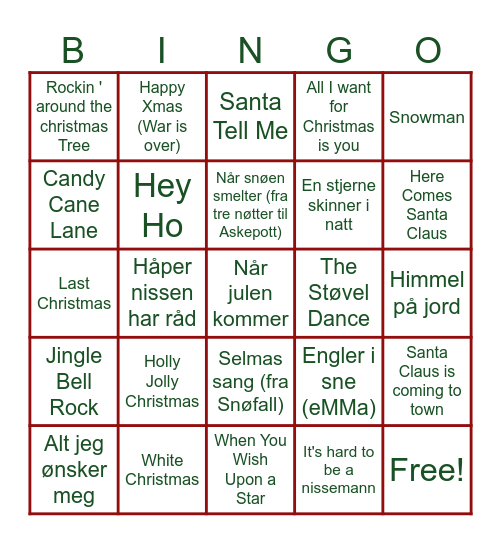 Julemusikk bingo Stavern Bingo Card