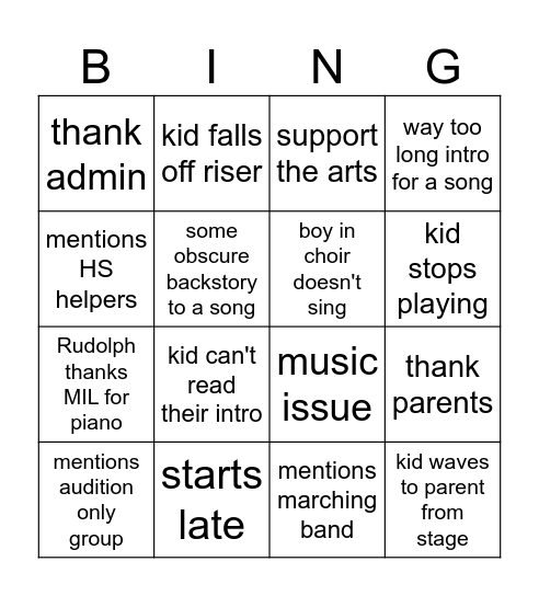 Tuesday Christmas Concert Bingo Card