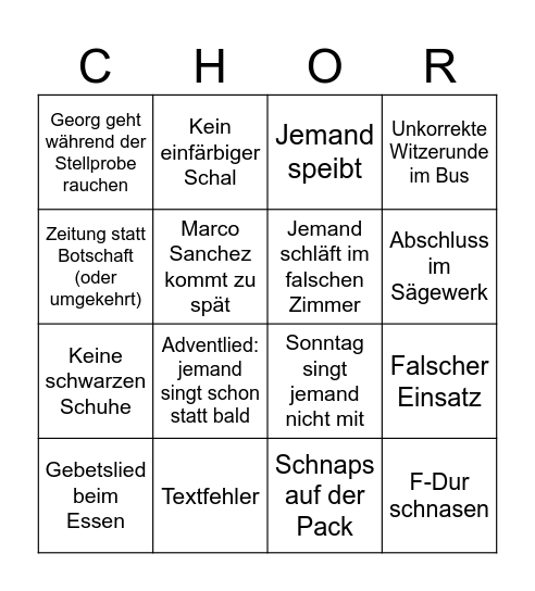 Chor Wochenende Bingo Card