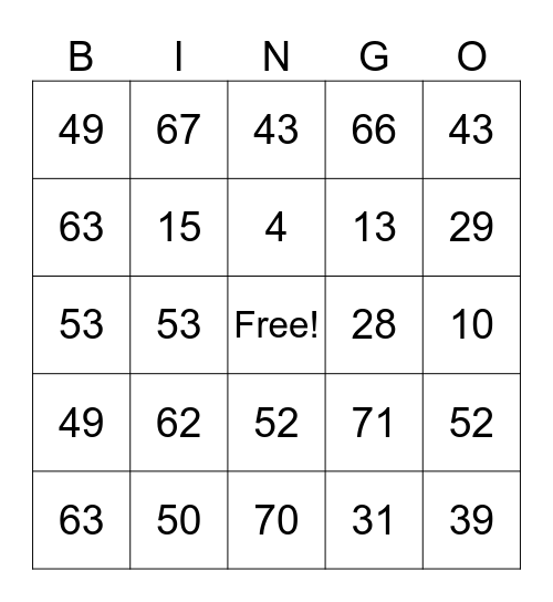 BINGO Numbers 1-75 with Free Space Bingo Card