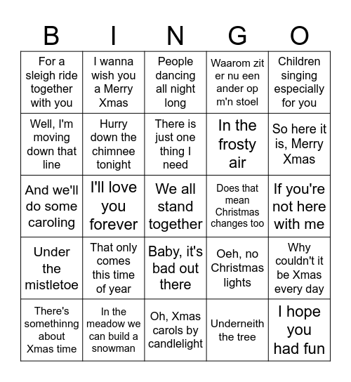 Christmas Sing-a-long Bingo Card