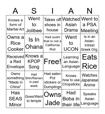 Asian American Association Bingo Card