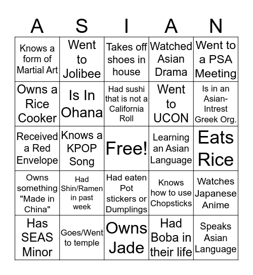 Asian American Association Bingo Card