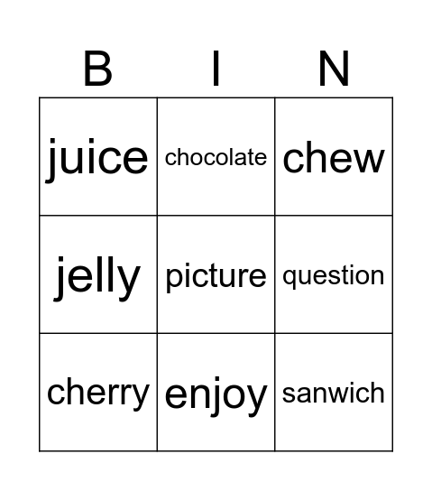 /tʃ/ or /dʒ/ Bingo Card